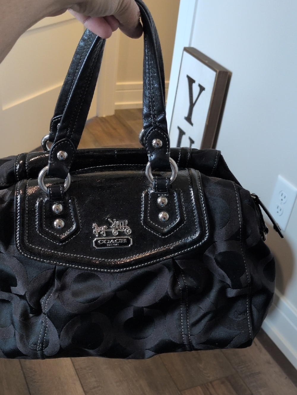 Coach Black Poppy Signature Satin Satchel with Patent Trim